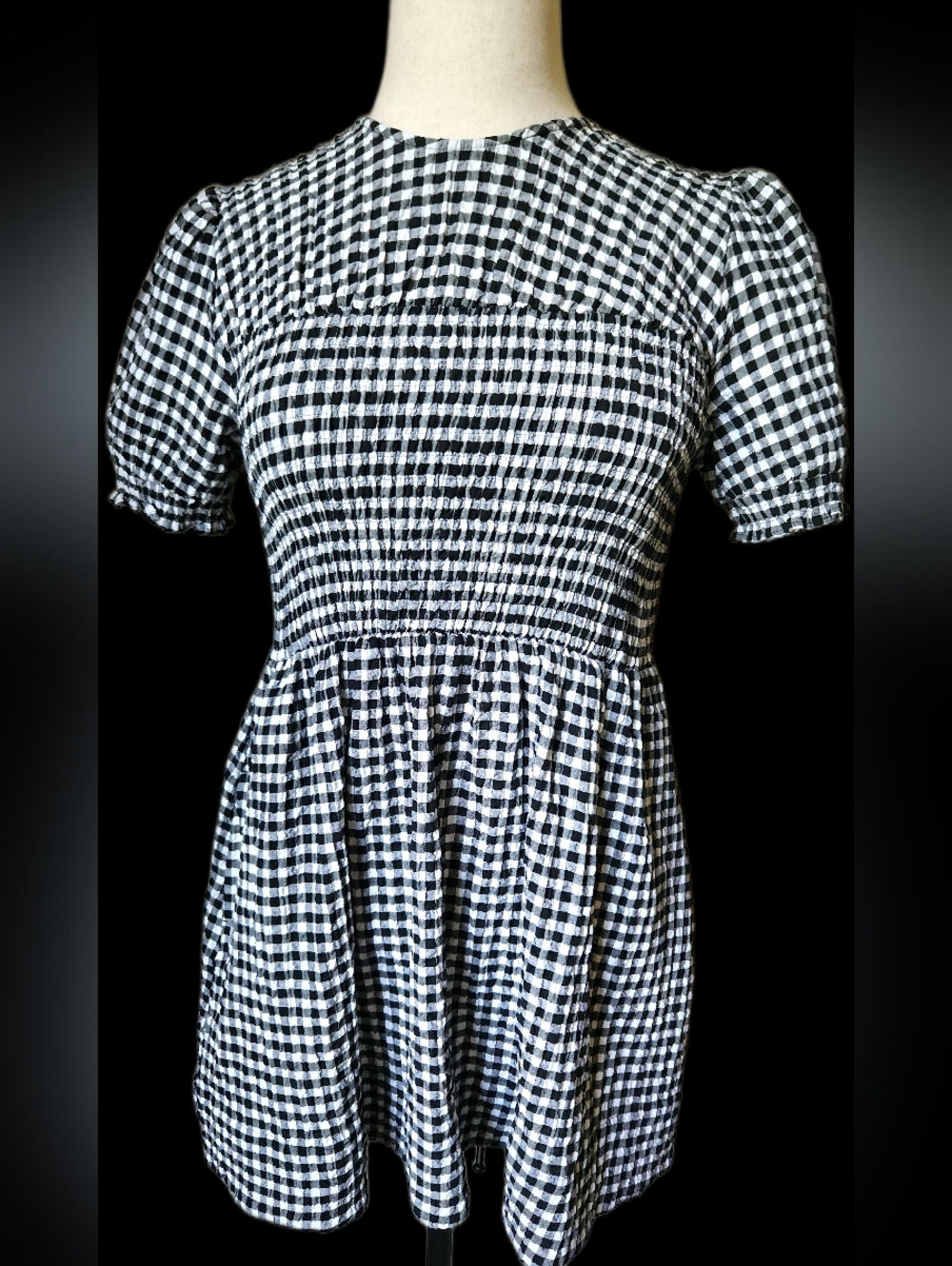 Maeve Black & White Gingham Smocked Mini Baby Doll Dress Puff Sleeves Size M